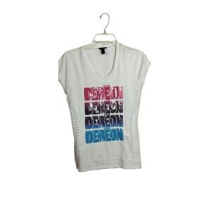4137) Dereon Beyonce Multicolor Sequin Logo Cap Sleeve Tee Size XL